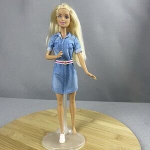 Barbie Doll Blonde Hair Blue Denim‎ Dress White Sneakers Pink Belt Stand